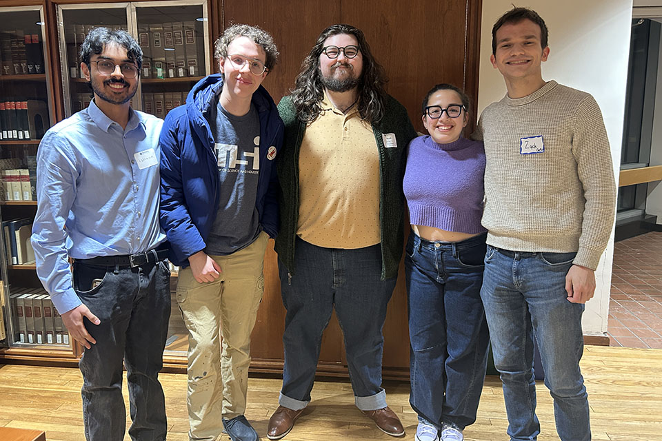 Noah Risley ’24 (center) recently organized the “Alumni Spotlight: Careers in Local Government and Networking” event. Pictured is Risley with current and former members of the Brandeis Democrats club: (from left) Ishaan Bhatia ’22, Luke Farberman ’27, Naomi Stephenson ’26, and Zach Duvel ’26.