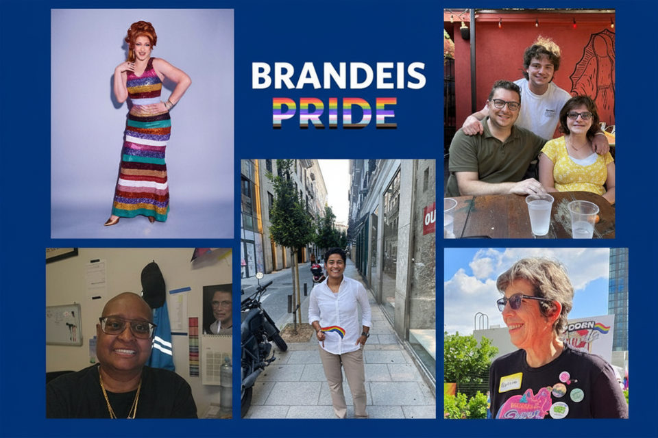 Collage of photos of LGBTQIA+ Alumni Network members who participated in the storyPhoebe Jeebies (aka Jason Dick ’14), Adam M. Greenwald ’98 with his kids, Rebecca Laszlo ’84, Rani Balakrishna ’25, and Renee Chapman-Best ’81