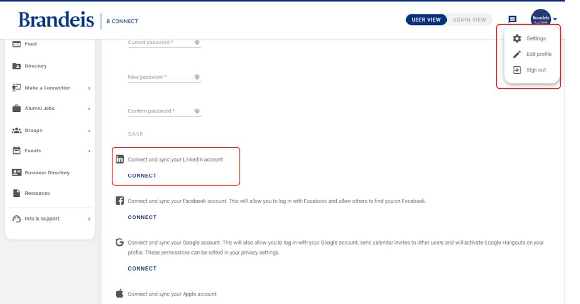 Screenshot of B Connect Settings page with area for synching LinkedIn highlighted.