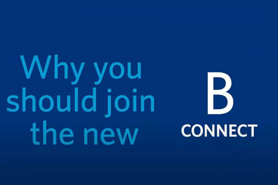 Text "Why You Should Join the New B Connect" on blue background