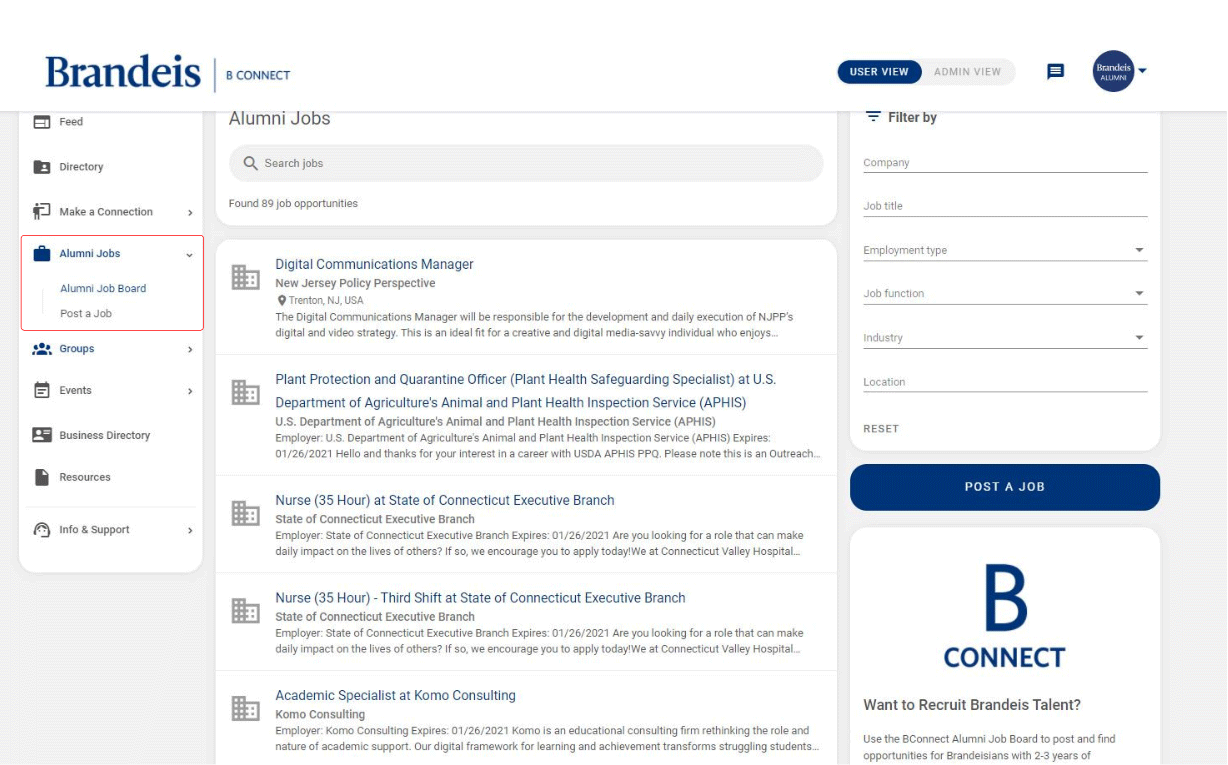 Screenshot of Job Opportunities board on B Connect 