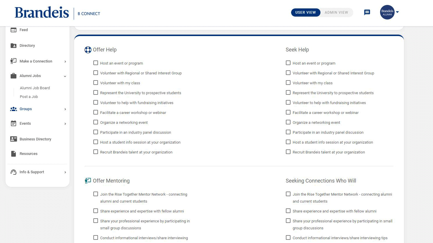 Screenshot of settings page in B Connect with Volunteering section.