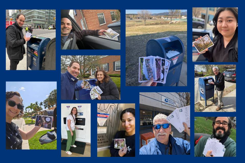 Alumni dropping off their postcards at mailboxes in different areas across the country.