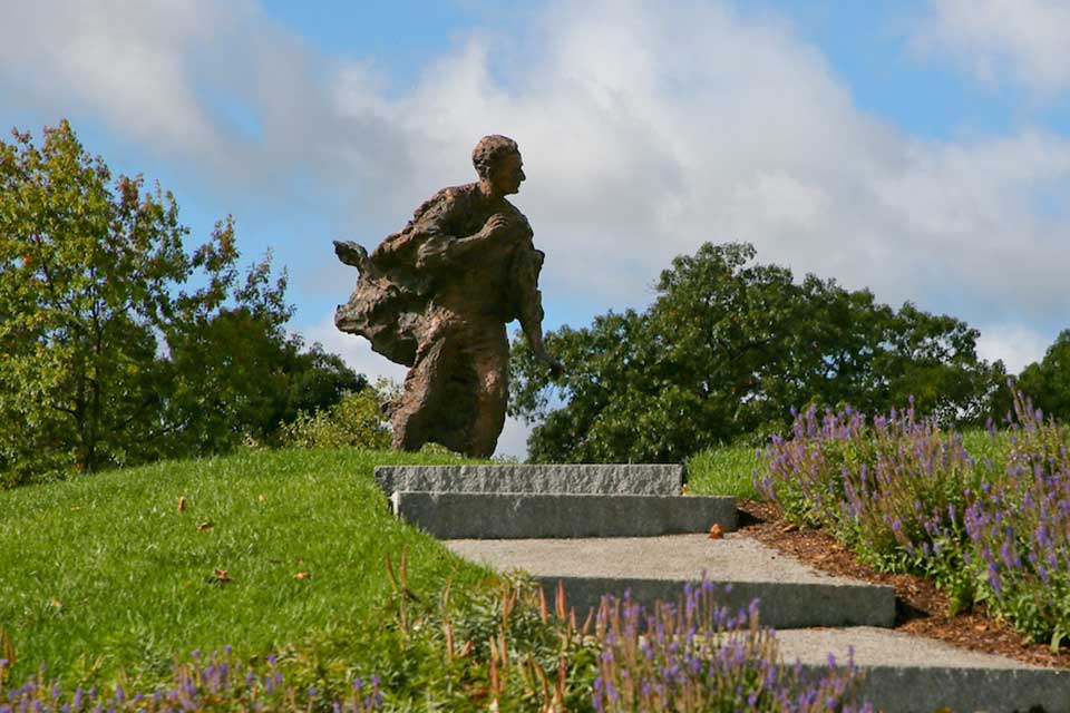 Statue of Louis Brandeis with flowering trees.
