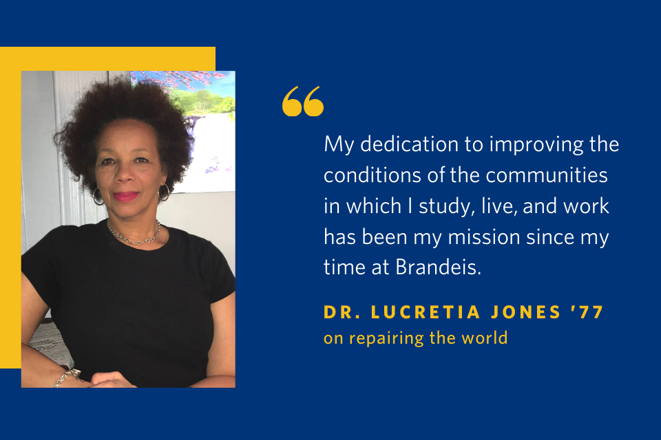 Lucretia Jones and a quotation that reads, "My dedication to improving the conditions of the communities in which I study, live, and work has been my mission since my time at Brandeis."