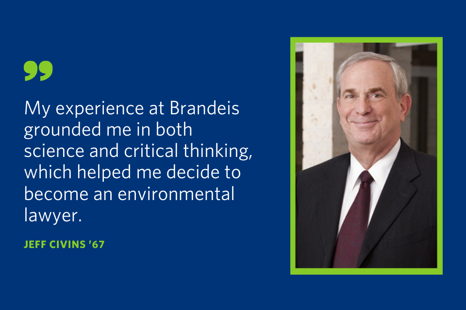 A quote from Jeff Civins that says "My experience at Brandeis grounded me in both science and critical thinking, which helped me decide to become an environmental lawyer."