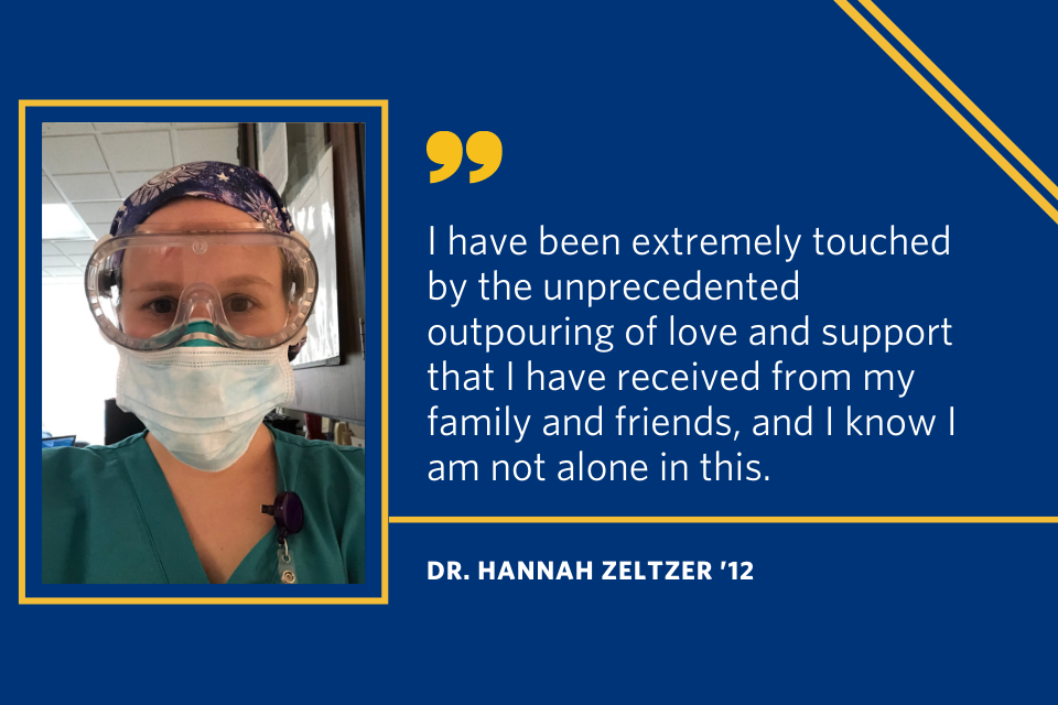 A quote from Hannah Zeltzer that says "I have been extremely touched by the unprecedented outpouring of love and support that I have received from my family and friends, and I know I am not alone in this."