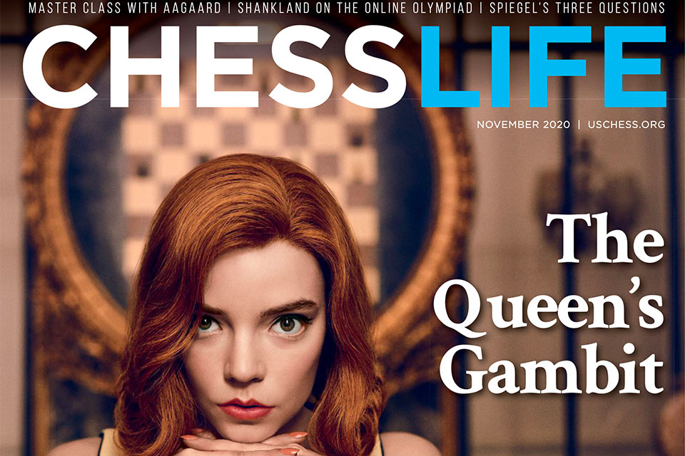 Cover of Chess Life magazine featuring a photo from The Queen's Gambit and a Sam Shankland in the header