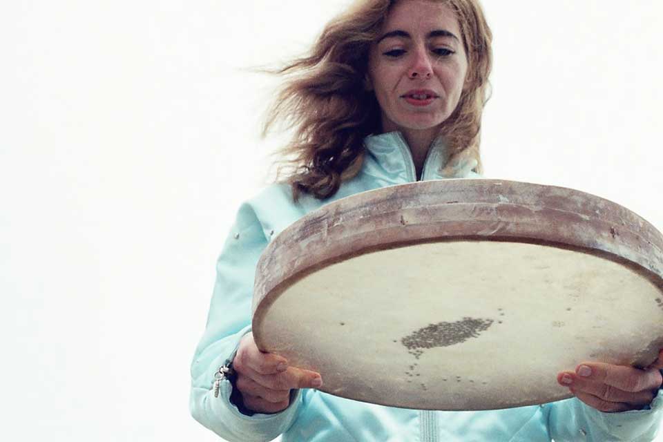 Evelyn Glennie beating a drum from the film "Touch the Sound". 