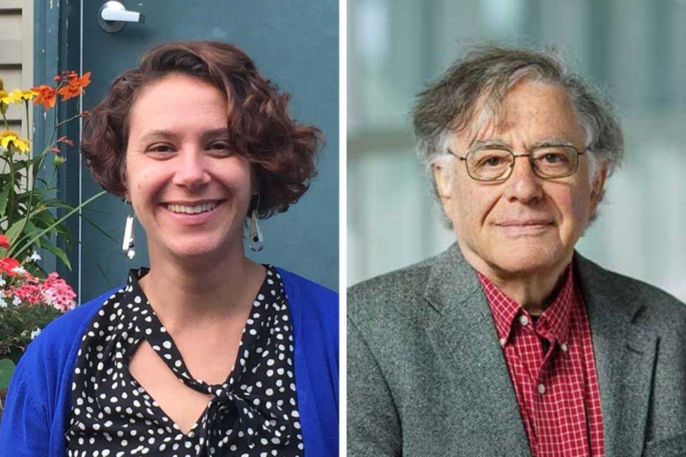 Bonnie Ronish, smiling with flowers in the background (left), Professor Lawrence Wangh, right