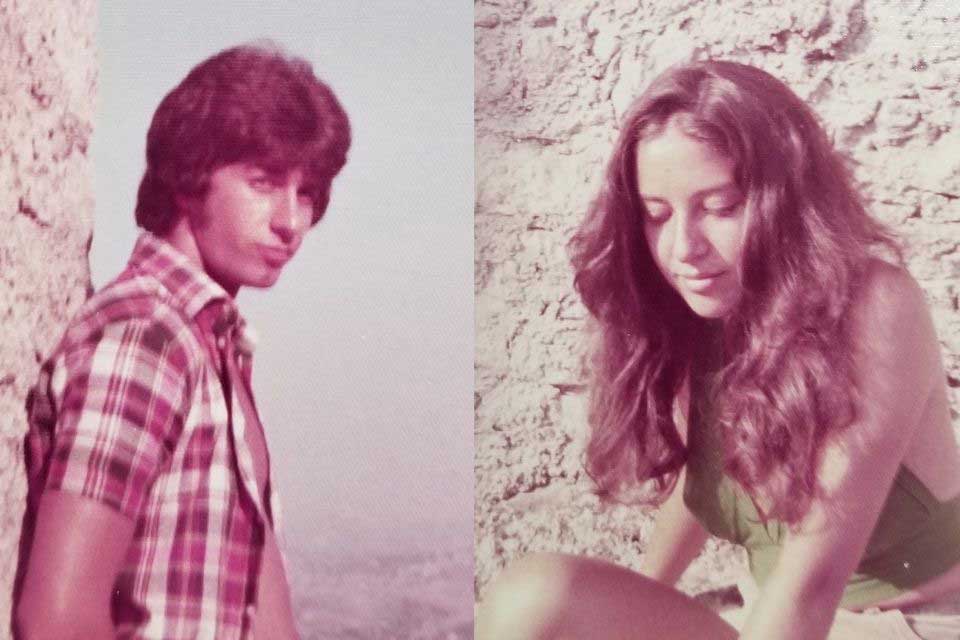 Individual shots of Mauro Gennaretti and Diane Gass Gennaretti in Italy in 1973 with stone wall in background
