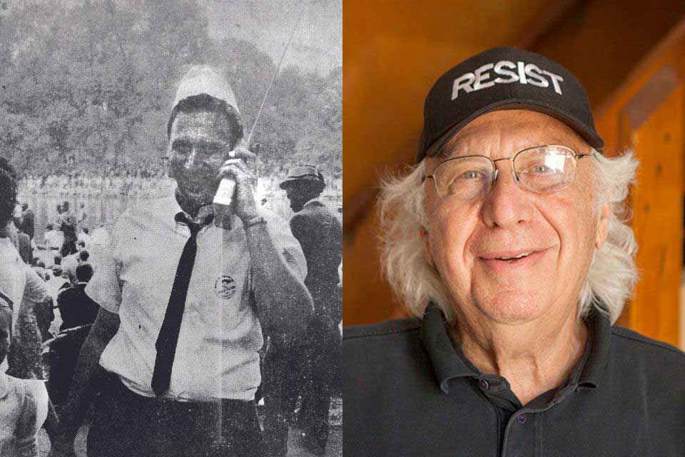 Black and white photo of Jules Bernstein as a Brandeis student; Jules Bernstein today wearing a black hat that says "Resist"