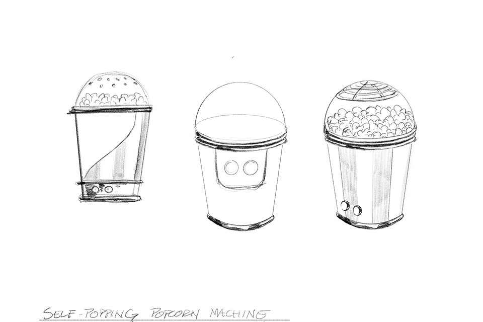 Concept art for the Apple+ series Hello Tomorrow showcases a self-popping popcorn machine in various states of use, including empty and with the popcorn half-finished.
