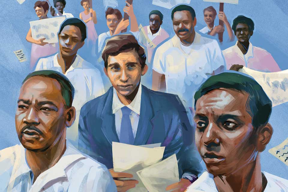 Illustration of a journalist surrounded by civil rights leaders of the 1960s. 