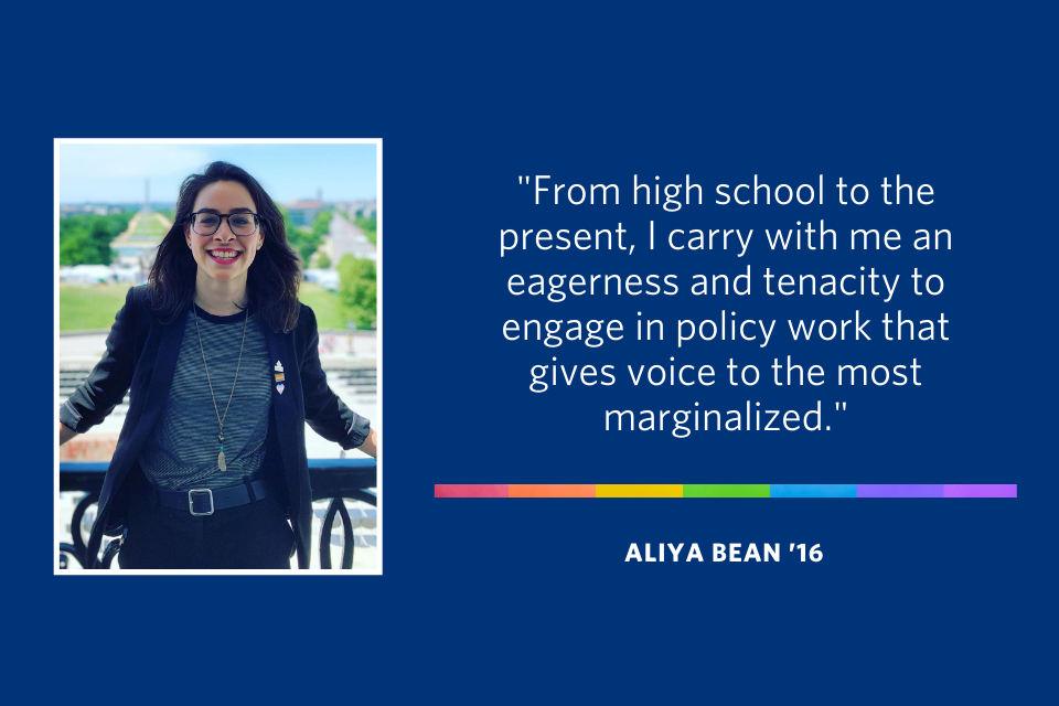A quote from Aliya Bean that says "From high school to the present, I carry with me an eagerness and tenacity to engage in policy work that gives voice to the most marginalized."