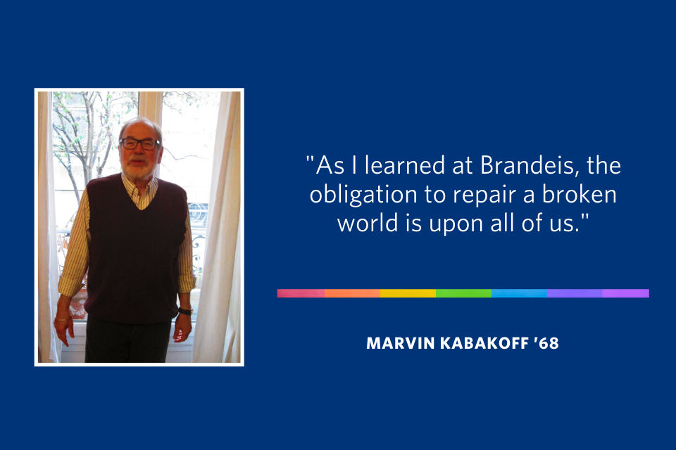 A quote from Marvin Kabakoff that says "As I learned at Brandeis, the obligation to repair a broken world is upon all of us."