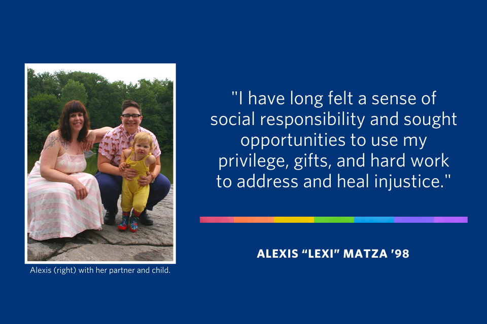 A quote from Alexis Matza that says "I have long felt a sense of social responsibility and sought opportunities to use my privilege, gifts, and hard work to address and heal injustice."