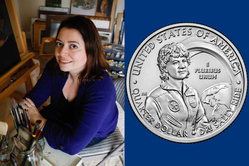 Elana Hagler with her art materials on the left and the Sally Ride US quarter she designed on the right. 
