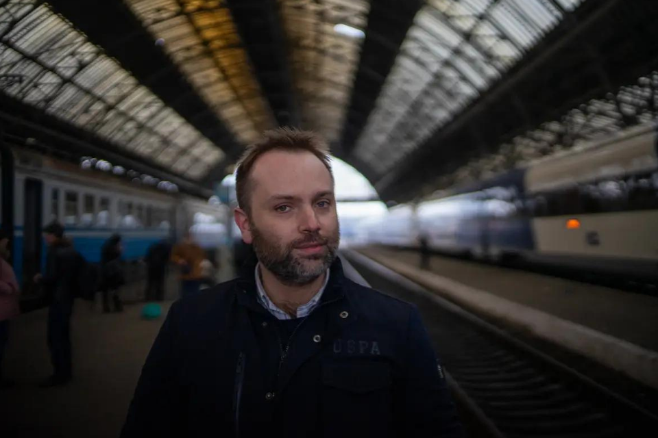 Oleksandr Pertsovskyi, head of Ukrainian Railways' passenger rail operations, inside a train station.