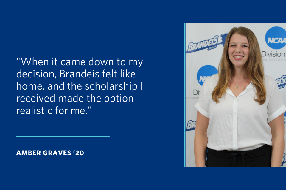 A quote from Amber Graves that says "When it came down to my decision, Brandeis felt like home, and the scholarship I received made the option realistic for me."